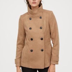 H&M Double Breasted Pea Coat Felted‎ Fabric Stand-up Collar Women's 2 Neutral